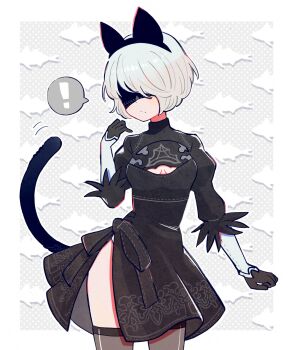 ! 1girl 2b_(nier:automata) animal_ear_hairband animal_ears black_dress black_gloves black_hairband black_thighhighs blindfold border breasts cat_ear_hairband cat_ears cat_tail cleavage_cutout closed_mouth clothing_cutout commentary_request covered_eyes cowboy_shot dot_nose dress fake_animal_ears fake_tail feather-trimmed_sleeves gloves grey_hair hairband hand_up highres juliet_sleeves light_blush long_sleeves medium_breasts mole mole_under_mouth nier:automata nier_(series) nmiznm outside_border puffy_sleeves short_hair side_slit solo spoken_exclamation_mark standing tail thighhighs white_border