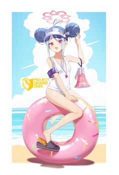 1girl absurdres beach blue_archive blue_hair blue_sky border breasts cloud commentary_request crocs cumulonimbus_cloud double_bun fubuki_(blue_archive) fubuki_(swimsuit)_(blue_archive) full_body hair_bun halo hand_up highres innertube long_hair looking_at_viewer megaphone ocean official_alternate_costume on_innertube one-piece_swimsuit open_mouth outdoors pink_eyes pink_halo shi_ling_fangcheng sidelocks single_bare_foot sitting sky small_breasts solo swim_ring swimsuit visor_cap whistle whistle_around_neck white_border white_one-piece_swimsuit