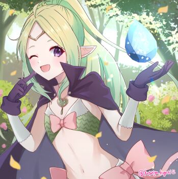 Rule 34 | 1girl, ;d, ahoge, arm warmers, black cape, black gloves, bow, cape, circlet, commentary request, cowboy shot, day, fire emblem, fire emblem awakening, flat chest, floating, floating object, forest, gloves, green hair, hands up, heart pendant, highres, kotoriya kuguri, long hair, looking at viewer, nature, navel, nintendo, nowi (fire emblem), one eye closed, open mouth, outdoors, parted bangs, pink bow, pointy ears, ponytail, purple eyes, sidelocks, smile, solo, standing, stomach, tree, twitter username, white arm warmers
