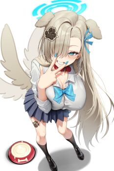 absurdres animal_collar animal_ears asuna_(blue_archive) asuna_(school_uniform)_(blue_archive) asymmetrical_bangs black_shoes black_socks blonde_hair blue_archive blue_bow blue_bowtie blue_halo blue_ribbon blush bow bowl bowtie bra_visible_through_clothes breasts button_gap cleavage collar collarbone collared_shirt commentary dog_ears dog_tail foreshortening full_body grin hair_over_one_eye hair_ribbon halo highres kkuni kneehighs large_breasts leaning_forward legs_apart long_bangs long_hair long_sleeves looking_at_viewer one_eye_covered paw_hair_ornament paw_print paw_tattoo pet_bowl red_collar ribbon shadow shirt shoes simple_background single_hair_intake smile socks standing straight_hair tail tail_wagging tattoo v v_over_mouth very_long_hair white_background white_shirt