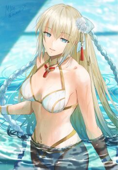 1girl bare_shoulders bikini blonde_hair blue_eyes blue_hair braid breasts cleavage fate/grand_order fate_(series) flower gold_trim gradient_hair hair_flower hair_ornament hair_ribbon highres large_breasts long_hair looking_at_viewer minoe08 morgan_le_fay_(fate) morgan_le_fay_(water_princess)_(fate) multicolored_hair navel open_mouth ponytail ribbon sidelocks solo swimsuit twin_braids very_long_hair wet white_bikini