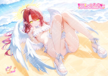 1girl absurdres angel_wings antenna_hair ass bangle bare_legs bare_shoulders beach bikini bracelet breasts closed_mouth commentary_request feathered_wings frilled_bikini frilled_thigh_strap frills hair_spread_out halo hand_up highres jewelry legs_up leone_(kamina0205) long_hair looking_at_viewer lying obnoxious_watermark on_back original parted_bangs platform_sandals pointy_ears red_hair sample_watermark sandals side-tie_bikini_bottom smile solo string_bikini swimsuit thigh_strap thighs too_many_watermarks underboob watermark watermark_grid white_bikini wings yellow_eyes