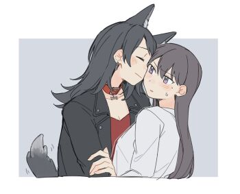 Rule 34 | 2girls, animal ears, bang dream!, bang dream! it's mygo!!!!!, black hair, black jacket, blush, border, brown hair, closed eyes, closed mouth, collar, commentary, grey background, hand on another's arm, hashtag-only commentary, highres, jacket, jenjen, kemonomimi mode, long hair, mole, mole under eye, multiple girls, parted lips, purple eyes, red collar, red shirt, shiina taki, shirt, simple background, smile, sweatdrop, tail, white border, white shirt, wolf ears, wolf girl, wolf tail, yahata umiri, yuri