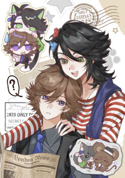 2boys :3 :d ? absurdres animal_ears animalization black_hair black_vest blue_necktie blue_vest brown_hair cat cat_boy cat_ears cat_tail chibi chibi_inset closed_mouth collared_shirt commission fangs green_eyes grey_shirt hair_between_eyes hand_on_another's_shoulder haoe_(157876) hidari_shoutarou highres jewelry kamen_rider kamen_rider_w long_sleeves looking_at_another lorem_ipsum male_focus medium_hair mouse_(animal) multiple_boys necklace necktie newspaper open_clothes open_mouth open_vest outline parted_lips person_and_animalization philip_(kamen_rider) purple_eyes red_shirt shirt short_hair smile speech_bubble spoken_question_mark star_(symbol) striped_clothes striped_shirt sweat sweatdrop tail vest watch white_outline wing_collar wristwatch