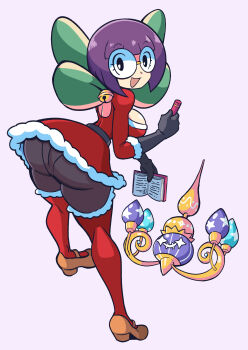 1girl arched_back ass back bell bent_over black_gloves blunt_bangs bob_cut book breasts chandelure cleavage commentary dress elbow_gloves english_commentary fur-trimmed_dress fur-trimmed_thighhighs fur_trim gen_5_pokemon glasses gloves highres holding holding_book holding_pen jingle_bell kevin_arthur large_breasts mary_janes median_furrow nintendo pantyhose pen pokemon pokemon_bw purple_hair red_dress red_thighhighs rimless_eyewear round_eyewear santa_costume santa_dress shauntal_(pokemon) shoes short_hair solo_focus thighhighs thighhighs_over_pantyhose white_trim
