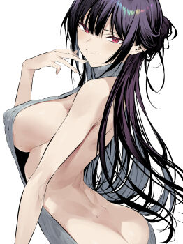 1girl ass back bare_arms bare_back bare_shoulders black_hair blush breasts butt_crack closed_mouth from_behind grey_sweater haite_kudasai_takamine-san hand_up hiiragi_yuuichi large_breasts long_hair looking_at_viewer red_eyes sideboob sleeveless smile solo sweater takamine_takane tsurime virgin_killer_sweater