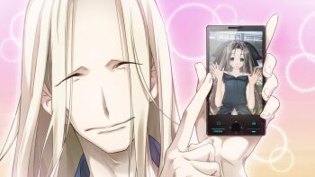 1boy 1girl 3d adam's_apple black_dress blonde_hair blue_eyes blurry bokeh closed_eyes depth_of_field dress fingernails frilled_dress frilled_skirt frilled_sleeves frills fukuda_tomonori game_cg grey_hair hair_between_eyes hands_up highres holding holding_phone kimijima_kou long_hair looking_at_viewer non-web_source official_art open_mouth phone pink_background puffy_short_sleeves puffy_sleeves robotics;notes science_adventure short_sleeves skirt smile twintails vest yukifune_airi