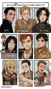 1girl 6+boys ^_^ absurdres animification baby beard black_eyes black_hair black_jacket black_sclera blonde_hair blue_eyes blue_jacket breaking_bad brown_eyes brown_hair brown_jacket carrying carrying_baby carrying_person character_request closed_eyes collared_shirt colored_sclera copyright_request cosplay crowley_(good_omens) drag-on_dragoon drag-on_dragoon_1 dune_(2021_movie) dune_(series) facial_hair father_and_daughter first_aid_kit glasses golden_kamuy good_omens grey_shirt guildenstern_(shakespeare) hair_behind_ear hamlet hamlet_(1996) hasegawa_koichi headphones headphones_around_neck highres hood hood_down hooded_jacket jacket james_bond_(series) judge_eyes lyutsifer_safin ma2_ereki male_focus medic_(tf2) medic_(tf2)_(cosplay) multiple_boys multiple_drawing_challenge musical_note no_time_to_die olga_(golden_kamuy) open_mouth parted_bangs parted_lips paul_atreides scout_(tf2) sharp_teeth shirt short_hair sideburns six_fanarts_challenge smile speech_bubble striped_clothes striped_shirt sugiura_fumiya team_fortress_2 teeth thumbs_up tsukumo_makoto v-shaped_eyebrows very_short_hair walter_white_jr yellow_eyes yellow_shirt