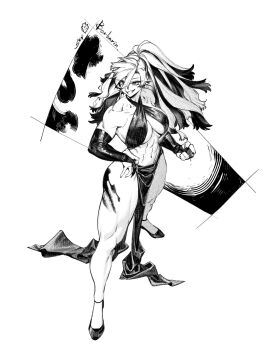 1girl abs bare_legs blood blood_on_ass blood_on_hands bridal_gauntlets commentary_request criss-cross_halter from_above greyscale grin halterneck high_heels highres implied_after_fight long_hair midriff monochrome multicolored_hair muscular muscular_female original pelvic_curtain ponytail shen_shipi_(agil548g6h6) smile solo very_long_hair white_background