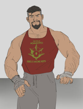 1boy bandaged_hand bandages bara beard broad_shoulders doctor_strange doctor_strange_(series) facial_hair fonzu_(callmefonzu) highres looking_at_viewer marvel marvel_rivals mature_male multicolored_hair muscular muscular_male pants red_tank_top short_hair smile sparse_arm_hair sweatpants tank_top two-tone_hair