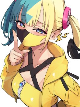1girl absurdres alternate_skin_color blonde_hair blue_eyes blue_hair breasts canari_(pokemon) commentary cropped_jacket hair_ornament hand_up highres jacket lightened_skin long_hair long_sleeves looking_at_viewer mask medium_breasts mouth_mask multicolored_hair nail_polish nintendo open_clothes open_jacket pokemon pokemon_legends:_z-a shirt simple_background sleeveless sleeveless_shirt solo split-color_hair twintails two-tone_hair upper_body white_background yamai_yurika yellow_jacket yellow_shirt zipper
