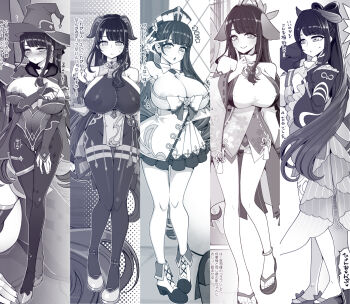 1girl alternate_breast_size_(larger) alternate_costume alternate_hairstyle animal_ears barbara_(genshin_impact) barbara_(genshin_impact)_(cosplay) blunt_bangs blush breasts cleavage commentary_request cosplay covered_erect_nipples detached_sleeves dress embarrassed fake_animal_ears formal_clothes fox_ears fox_girl frilled_dress frills from_side full_body ganyu_(genshin_impact) ganyu_(genshin_impact)_(cosplay) genshin_impact gloves hanauna hat head_tilt headpiece highres huge_breasts huge_nipples indoors jewelry long_hair mole mole_under_eye mona_(genshin_impact) mona_(genshin_impact)_(cosplay) monochrome nervous nipple_slip nipples nontraditional_miko nose_blush outdoors pantyhose pendant raiden_shogun sangonomiya_kokomi sangonomiya_kokomi_(cosplay) shade solo standing suit sweatdrop translation_request very_long_hair wide_hips witch_hat yae_miko yae_miko_(cosplay)