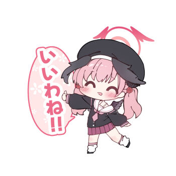 Rule 34 | 1girl, ^ ^, beret, black hat, black shirt, black shoes, black wings, blue archive, blush, chibi, closed eyes, commentary request, feathered wings, flower, full body, hair flower, hair ornament, halo, hat, head wings, highres, koharu (blue archive), long sleeves, loose socks, off shoulder, outstretched arm, parted lips, pink hair, pleated skirt, puffy long sleeves, puffy sleeves, purple skirt, red flower, red rose, rose, sailor collar, sasakura momiji, shirt, shoes, simple background, skirt, sleeves past wrists, socks, solo, standing, standing on one leg, thumbs up, translation request, twintails, white background, white sailor collar, white socks, wings