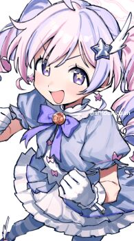 1girl :d ahoge blue_archive blue_skirt blue_thighhighs blush bow bowtie clenched_hands commentary_request earrings gloves hair_ornament halo highres jewelry looking_at_viewer magical_girl multicolored_hair official_alternate_costume open_mouth pantyhose pink_hair puffy_short_sleeves puffy_sleeves purple_bow purple_bowtie purple_eyes purple_hair reisa_(blue_archive) reisa_(magical)_(blue_archive) shigatsu_shizuki short_sleeves simple_background skirt smile solo standing star-shaped_pupils star_(symbol) star_earrings star_hair_ornament striped_clothes striped_pantyhose symbol-shaped_pupils thighhighs twitter_username two-tone_hair white_background white_gloves white_halo