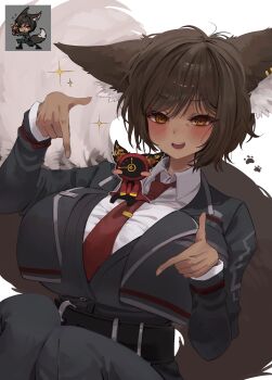 1boy 1girl absurdres analog_clock animal_ears belt black_belt blush breasts brown_eyes brown_hair clock dante_(limbus_company) earrings fox_ears fox_girl fox_tail highres huge_breasts jewelry limbus_company looking_down mini_person miniboy necktie outis_(project_moon) paw_print presenting project_moon saeda8e short_hair sparkle tail tight_clothes white_background