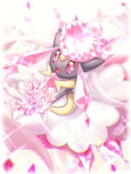 :d blurry commentary_request diancie gen_6_pokemon legendary_pokemon looking_at_viewer mythical_pokemon nagi_(exsit00) nintendo no_humans open_mouth pokemon pokemon_(creature) red_eyes smile solo sparkle tongue