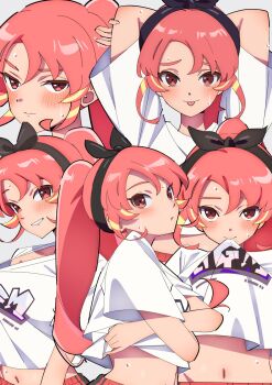 1girl ? biting black_hairband blonde_hair blush grin hairband inazuma_eleven_(series) inazuma_eleven_victory_road looking_at_viewer multicolored_hair navel pants ponytail red_hair red_pants sakura_1110ssmm shinohara_raika shirt simple_background smile solo sweatdrop t-shirt tongue tongue_out twitter two-tone_hair upper_body white_background