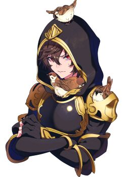 1boy ahoge animal animal_on_head animal_on_shoulder annoyed armor bird bird_on_head bird_on_shoulder breastplate brown_hair commentary_request cropped_torso crossed_arms fingerless_gloves gloves granblue_fantasy hair_between_eyes highres hood hood_up looking_at_viewer makita_(homosapiensu) male_focus messy_hair on_head red_eyes sandalphon_(granblue_fantasy) short_hair simple_background solo_focus sparrow sweatdrop too_many too_many_birds white_background
