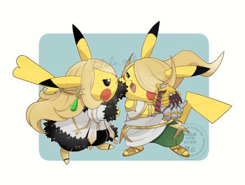 black_pants blonde_hair character_doll closed_mouth clothed_pokemon coat cosplay cynthia_(arc_suit)_(pokemon) cynthia_(pokemon) cynthia_(pokemon)_(cosplay) doll gen_1_pokemon gen_4_pokemon giratina giratina_(altered) green_pants hair_over_one_eye holding legendary_pokemon long_hair long_sleeves nintendo no_humans open_mouth pants pikachu pokemon pokemon_(creature) pokemon_focus pokemon_legends:_arceus pokemon_masters_ex robe sakaralalala sandals stuffed_toy tail volo_(pokemon) volo_(pokemon)_(cosplay) white_coat white_robe