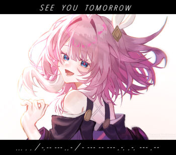 1girl bare_shoulders blue_eyes coat commentary_request cyrene_(aedes_elysiae)_(honkai:_star_rail) cyrene_(honkai:_star_rail) english_text hair_ornament highres honkai:_star_rail honkai_(series) letterboxed looking_at_viewer morse_code multicolored_hair pink_hair purple_coat rin1719073 short_hair smile solo two-tone_hair white_hair