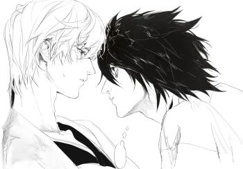 Rule 34 | 2boys, adam's apple, bags under eyes, blank speech bubble, closed mouth, commentary request, death note, eye contact, face-to-face, fieroo, from side, greyscale, highres, l (death note), lips, looking at another, male focus, monochrome, multiple boys, nose, shirt, short hair, simple background, speech bubble, thought bubble, white background, yagami light