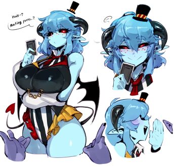 1boy 1girl black_sclera blue_skin borrowed_character breasts card colored_sclera colored_skin demon_girl demon_tail doppel_(bonnypir) english_text highres horns huge_breasts leotard looking_at_viewer opaluva_(character) original purple_skin red_eyes sequential_set tail