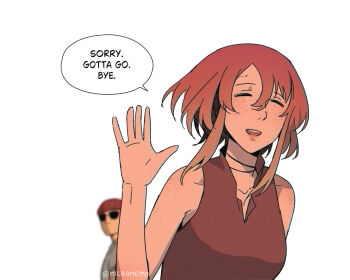 1boy 1girl :d ^_^ bare_arms bare_shoulders beret blurry blurry_background blush brown_hair closed_eyes collarbone courier_(fallout:_new_vegas) craig_boone depth_of_field english_text fallout fallout:_new_vegas grey_shirt hair_between_eyes hand_up hat milramemo noelle_rutherford open_mouth red_hat shirt short_sleeves simple_background smile solo_focus sunglasses twitter_username upper_body white_background