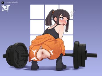 1girl ^^^ accidental_exposure anus artist_name ass barbell black_boots black_hair black_tank_top blush boots commentary en&#039;en_no_shouboutai from_behind highres maki_oze nayt_layt open_mouth orange_pants pants ponytail purple_eyes pussy solo squatting tank_top torn_clothes torn_pants twitter_username twitter_x_logo uncensored wardrobe_malfunction wide-eyed