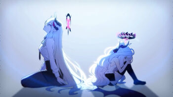 2girls ahoge black_skirt black_thighhighs blue_archive demon_girl demon_horns demon_wings halo hashtag-only_commentary highres hina_(blue_archive) horns long_hair low_wings makoto_(blue_archive) multiple_girls pointy_ears purple_eyes samess_333 sitting skirt thighhighs very_long_hair white_background white_hair wings