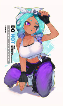 1girl ;o bare_shoulders black_gloves blue_hair blue_tongue bow bow_hairband breasts cleavage clothes_around_waist colored_tongue commentary dark-skinned_female dark_skin eyebrow_cut fingerless_gloves full_body gloves gradient_hair hair_bow hairband hand_on_own_head highres holding holding_wrench jinkoika large_breasts medium_hair midriff mole mole_on_breast multicolored_hair navel nintendo octoling octoling_girl octoling_player_character one_eye_closed open_mouth pants purple_eyes purple_hair purple_pants shirt shoes solo splatoon_(series) squatting tentacle_hair tied_shirt white_bow white_hairband white_shirt white_shoes wrench