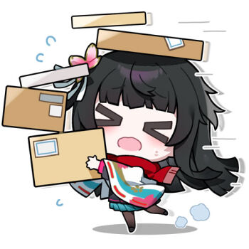 Rule 34 | > <, 1girl, artist request, black hair, box, box on head, chibi, chibi only, flying sweatdrops, full body, girls' frontline, girls' frontline 2: exilium, holding, holding box, lowres, motion lines, official art, red scarf, sakura (girls' frontline 2), scarf, second-party source, solo, speed lines, type 100 (girls' frontline)