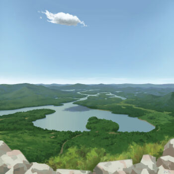 blue_sky cloud commentary dated_commentary day forest highres horizon jn3 lake landscape nature no_humans original outdoors river scenery shadow sky