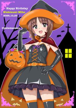 1girl black_dress black_gloves black_hat black_thighhighs brown_eyes brown_hair cape character_name cowboy_shot dated dress elbow_gloves girls_und_panzer gloves halloween_bucket halloween_costume happy_birthday hat highres jack-o&#039;-lantern nishizumi_miho orange_cape pele@mix red_cape short_hair silhouette smile solo strapless strapless_dress thighhighs two-tone_cape witch_hat