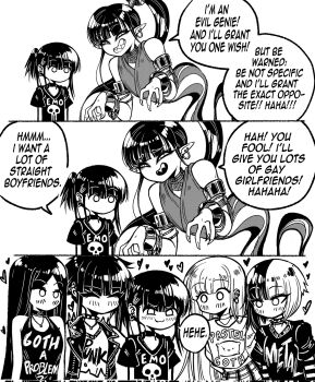 Rule 34 | 6+girls, :3, ^ ^, choker, closed eyes, collar, corrupted twitter file, cuffs, ear piercing, earrings, emo-girl (grs-), english text, genie, goth-girl (grs-), grin, grs-, highres, jewelry, long hair, metal-girl (grs-), monochrome, multicolored hair, multiple girls, o o, original, pastel-goth-girl (grs-), piercing, polygamy, ponytail, punk-girl (grs-), raised eyebrows, shackles, short hair, single earring, smile, smug, speech bubble, spiked collar, spikes, teeth, two-tone hair, yuri