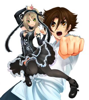 Rule 34 | 1boy, 1girl, absurdres, bandaid, bandaid on cheek, bandaid on face, black dress, black shoes, black thighhighs, blonde hair, blue pants, blush, bow, breasts, brown eyes, brown hair, cleavage, clenched hand, clenched hands, closed mouth, commentary request, curtained hair, detached sleeves, dress, flipped hair, frilled dress, frilled hairband, frills, gothic lolita, green eyes, hairband, highres, kokorone rimi, lolita fashion, mary janes, matsuena shun, medium breasts, official art, open mouth, pants, shijou saikyou no deshi ken'ichi, shirahama ken'ichi, shoes, short hair, sidelocks, simple background, sleeveless, sleeveless dress, smile, thighhighs, tsurime, v-shaped eyebrows, white background, white bow, white dougi