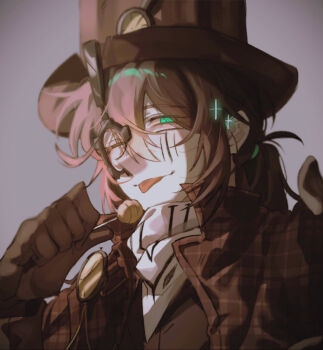 1boy :p bandana black_gloves black_hair blue_eyes brown_capelet candy capelet food gloves grey_background hat highres holding holding_candy holding_food holding_lollipop hong_lu_(project_moon) ideal_u_u limbus_company lollipop looking_at_viewer low_ponytail male_focus monocle one_eye_closed plaid_capelet plaid_clothes ponytail project_moon simple_background solo steampunk tongue tongue_out top_hat upper_body white_bandana yurodiviye_(identity)_(project_moon)