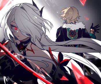 1boy 1girl acheron_(honkai:_star_rail) aventurine_(honkai:_star_rail) black_gloves black_jacket black_shirt black_sleeves blonde_hair body_markings breasts bright_pupils commentary commentary_request crop_top detached_sleeves english_commentary engrish_commentary flower fur-trimmed_jacket fur_trim gloves hair_ornament hair_over_one_eye honkai:_star_rail honkai_(series) jacket large_breasts long_hair mixed-language_commentary official_alternate_color partial_commentary ra_suya red_eyes red_flower shirt upper_body very_long_hair waving white_hair white_pupils