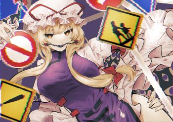 1girl absurdres alternate_hair_length alternate_hairstyle arm_strap black_panties blonde_hair bow breasts clothes_lift commentary_request covered_mouth cowboy_shot dress dress_lift gap_(touhou) glitch glowing glowing_eyes hair_between_eyes hair_bow hand_on_own_hip hat highres huge_filesize large_breasts long_sleeves looking_at_viewer mob_cap panties puffy_long_sleeves puffy_sleeves purple_background purple_eyes red_bow red_ribbon ribbon road_sign shiny_clothes short_hair short_hair_with_long_locks sidelocks sign simple_background solo somei_ooo static string_panties tabard taut_clothes taut_dress thighs touhou underwear white_dress white_hat yakumo_yukari yellow_eyes