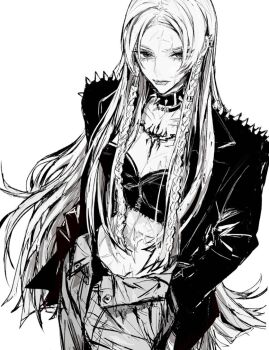 1girl bra braid breasts chest_tattoo choker cleavage closed_mouth cowboy_shot greyscale hands_in_pockets jacket long_hair long_sleeves looking_at_viewer medium_breasts monochrome open_clothes open_jacket original pants scar scar_on_breasts scar_on_face scar_on_stomach simple_background sketch solo spiked_choker spiked_jacket spikes tattoo teeniika twin_braids underwear white_background