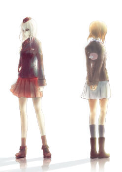 Rule 34 | 10s, 2girls, absurdres, anglerfish, ankle boots, arms behind back, backlighting, black footwear, black hat, black jacket, black legwear, blue jacket, boots, brown hair, closed mouth, dress shirt, emblem, fish, from behind, full body, garrison cap, girls und panzer, hand on own hip, hat, highres, itsumi erika, jacket, kuromorimine military uniform, long hair, long sleeves, military, military hat, military uniform, miniskirt, multiple girls, nishizumi miho, nito (nshtntr), ooarai military uniform, pleated skirt, red shirt, red skirt, reflection, shirt, short hair, simple background, skirt, socks, standing, white background, white skirt