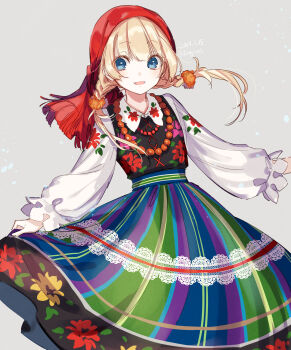 1girl amaichi_esora artist_name bead_necklace beads blonde_hair blue_eyes braid commentary_request dated floral_print floral_print_shirt floral_print_skirt grey_background headscarf highres jewelry looking_at_viewer multicolored_skirt necklace open_mouth original print_skirt red_headscarf skirt skirt_hold smile solo twin_braids white_sleeves