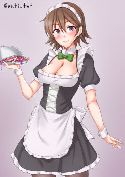 alternate_costume anti_(untea9) apron bad_food black_dress black_pantyhose blush breasts cleavage cowboy_shot dress enmaided frilled_apron frills hiei_(kancolle) highres kantai_collection maid maid_apron maid_headdress pantyhose puffy_sleeves purple_background tray waist_apron white_apron