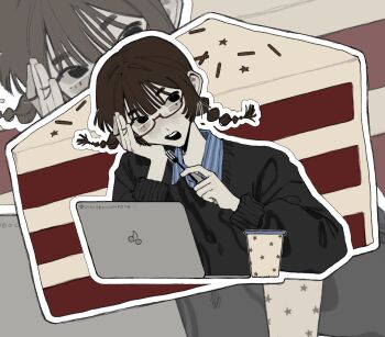 1girl aegyo_sal black-framed_eyewear black_eyes black_sweater blue_shirt brown_hair cake cake_slice collared_shirt commentary computer cropped_torso cup disposable_coffee_cup disposable_cup flipped_sidelocks food food-themed_background fork head_rest highres holding holding_fork invisible_table jinjeocompote korean_commentary laptop lensless_glasses long_hair looking_to_the_side low_twintails multi-tied_hair open_mouth original pale_skin print_cup red_velvet_cake semi-rimless_eyewear shirt shirt_under_sweater solo sprinkles star_(symbol) star_print striped_clothes striped_shirt sweater teeth twintails twitter_username under-rim_eyewear upper_teeth_only wispy_bangs zoom_layer