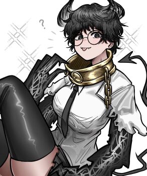 1girl ? black_claws black_eyes black_hair black_hands black_horns breasts broken broken_chain cape chain closed_mouth collar colored_extremities commentary covered_mouth demon_tail e.g.o_(project_moon) fang glasses gold_collar highres horns large_breasts limbus_company looking_at_viewer metal_collar mitama_nyan necktie procuration_(e.g.o) project_moon round_eyewear shirt short_hair simple_background skirt solo sora_(project_moon) symbol-only_commentary tail thick_thighs thighhighs thighs tongue tongue_out white_background white_shirt