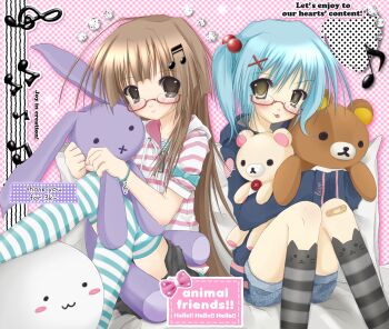 2000s_(style) 2girls alice_(frilldevil) blue_hair blush brown_eyes brown_hair english_text faux_retro_artstyle fortissimo gem glasses hair_bobbles hair_ornament heisei_retro highres jacket korilakkuma long_hair looking_at_viewer milestone_celebration multiple_girls musical_note musical_note_hair_ornament one_side_up original rilakkuma san-x sitting striped_clothes striped_jacket stuffed_animal stuffed_cat stuffed_rabbit stuffed_toy teddy_bear tongue tongue_out very_long_hair