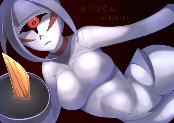 1girl black_sclera bodysuit breasts brown_background colored_sclera colored_skin commentary_request cyclops expressionless grey_bodysuit grey_hair harunoha highres large_breasts long_sleeves looking_at_viewer lying monster_girl on_side one-eyed open_mouth red_eyes ruiko_(taikaisyu) short_hair solo taikaisyu white_skin