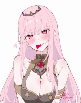 1girl absurdres armlet artist_name bare_shoulders black_dress black_tiara blush breasts cleavage collarbone commentary_request dress grin heart highres hololive hololive_english jewelry kamiya_maneki large_breasts long_hair looking_at_viewer mori_calliope mori_calliope_(1st_costume) mouth_hold pink_eyes pink_hair signature simple_background smile solo tiara twitter_username virtual_youtuber white_background