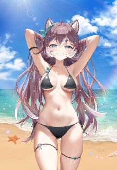 1girl absurdres ahoge animal_ears arm_strap armpits arms_behind_head arms_up bare_shoulders beach bikini black_bikini blue_eyes breasts breasts_apart brown_hair cloud collarbone cowboy_shot day grin hair_ornament hair_ribbon hairclip halterneck hibiwa highres limi_(v-lup) long_hair looking_at_viewer medium_breasts multicolored_hair navel outdoors ribbon side-tie_bikini_bottom skindentation smile solo stomach streaked_hair string_bikini sunlight swimsuit thick_eyebrows thigh_strap thighs two-tone_hair v-lup v-shaped_eyebrows very_long_hair virtual_youtuber water wet white_hair