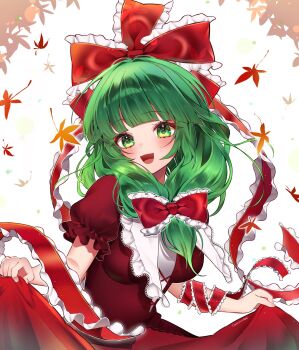 1girl autumn_leaves bow commentary dress falling_leaves frilled_bow frilled_ribbon frilled_sleeves frills green_eyes green_hair hair_bow highres kagiyama_hina leaf looking_at_viewer open_mouth puffy_short_sleeves puffy_sleeves red_bow red_dress red_ribbon ribbon samon_(vxxr8575) short_sleeves skirt_hold solo touhou