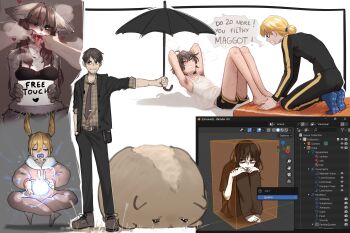 1boy 5girls absurdres ahoge armpit_hair ass black_bra black_hair black_necktie black_panties black_pants black_shorts blonde_hair body_fur bra breasts brown_fur brown_hair brown_shirt clenched_teeth english_text erika_(popopoka) exercising finger_in_another&#039;s_mouth furry furry_female heart heart-shaped_pupils highres holding holding_umbrella large_breasts long_hair long_sleeves magic mimi_(popopoka) multiple_girls necktie original pajamas panties pants pink_pajamas popopoka popopoka_(character) shirt short_hair short_sleeves shorts sit-up sitting sophie_(popopoka) speech_bubble symbol-shaped_pupils teeth twintails umbrella underwear white_shirt